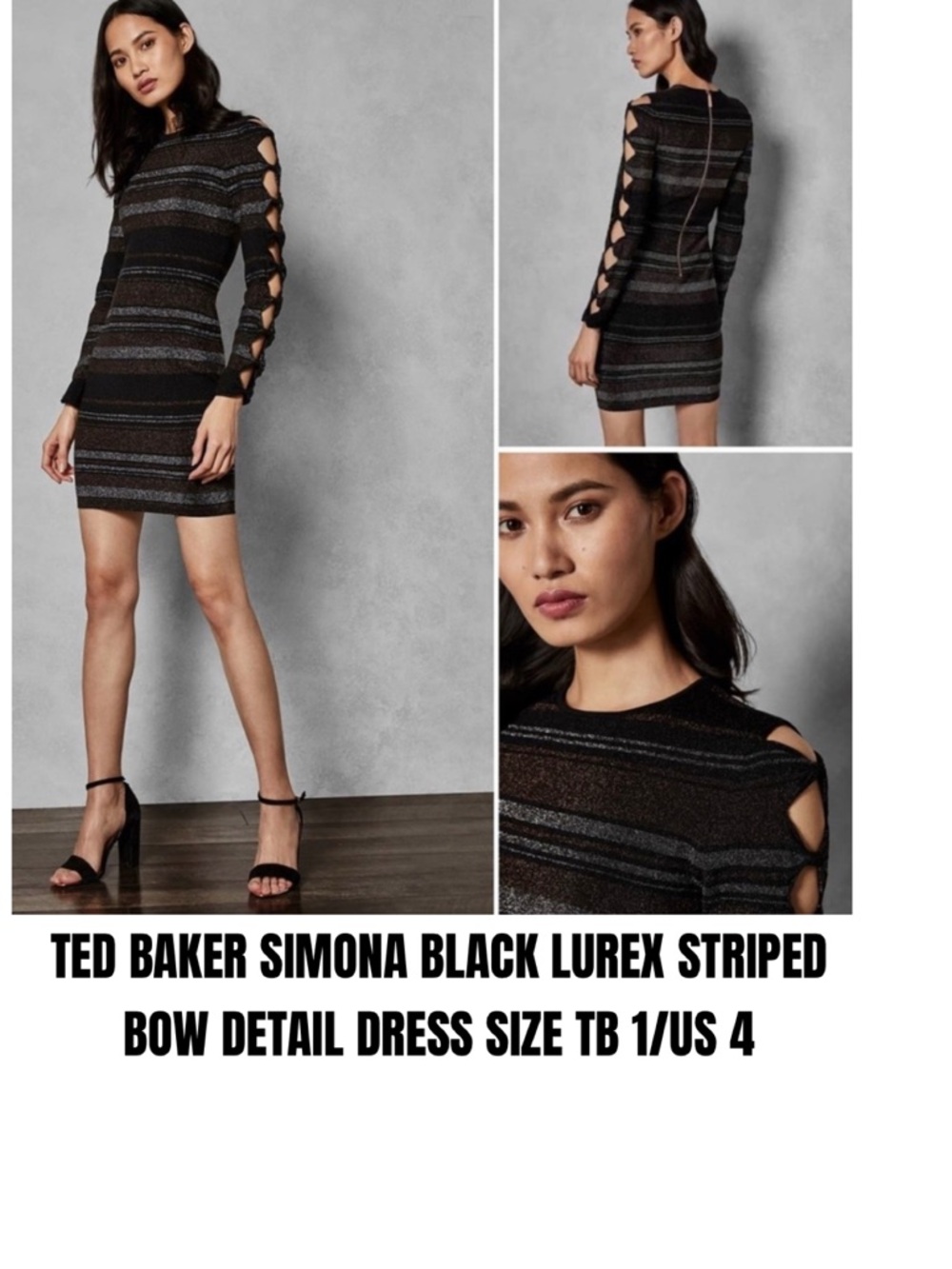 TED BAKER SIMONA BLACK LUREX STRIPED BOW DETAIL DRESS SIZE TB 1/US 4